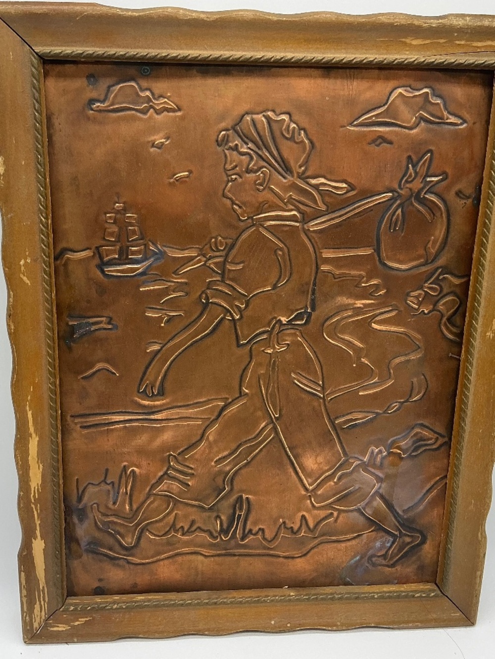 Framed Copper Relief Plaque Traveling Boy - Picture 1 of 7